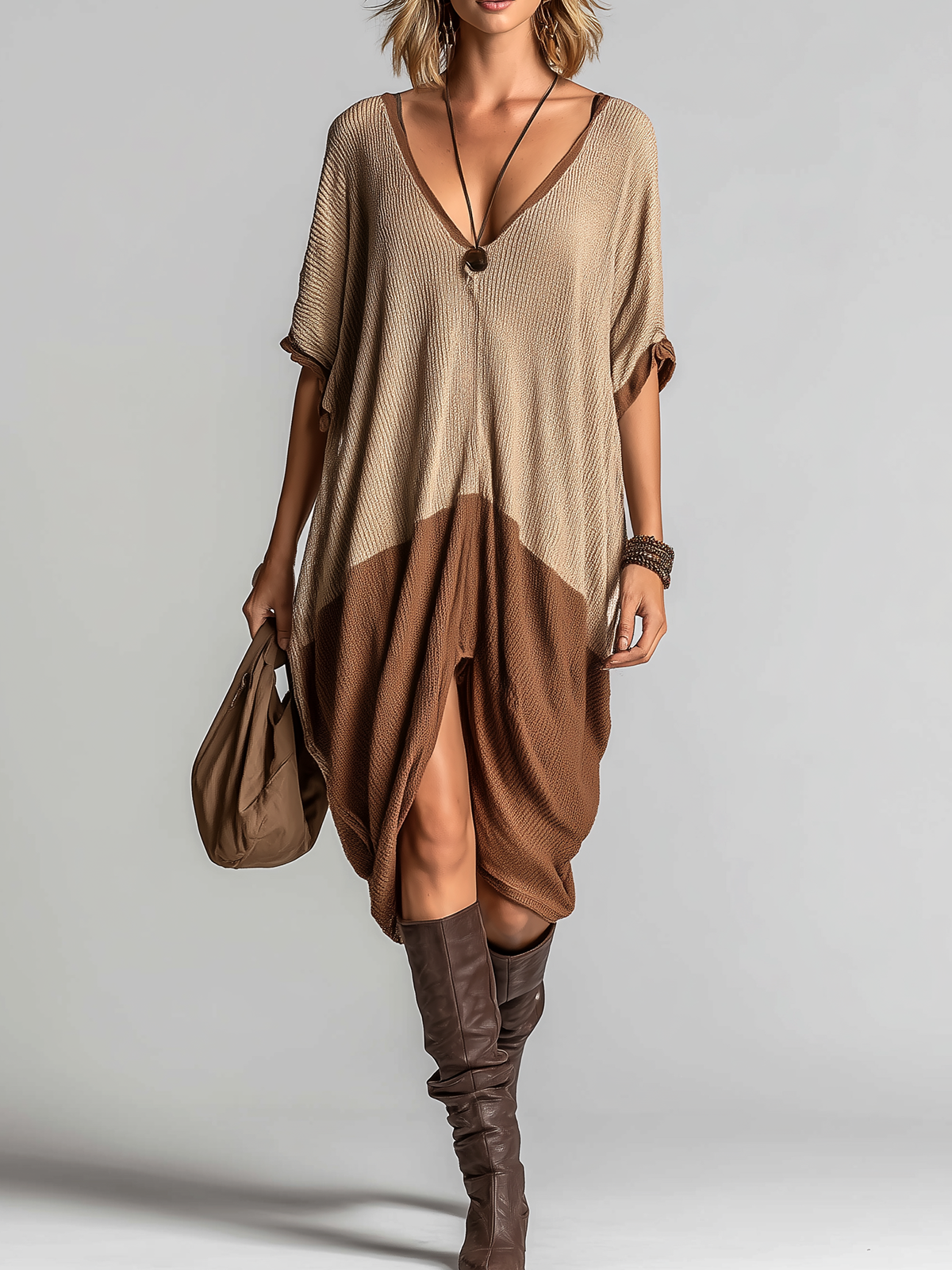 Fashion Casual Brown V-neck Contrast Trim Short-Sleeve Loose Ribbed Knit Midi Dress