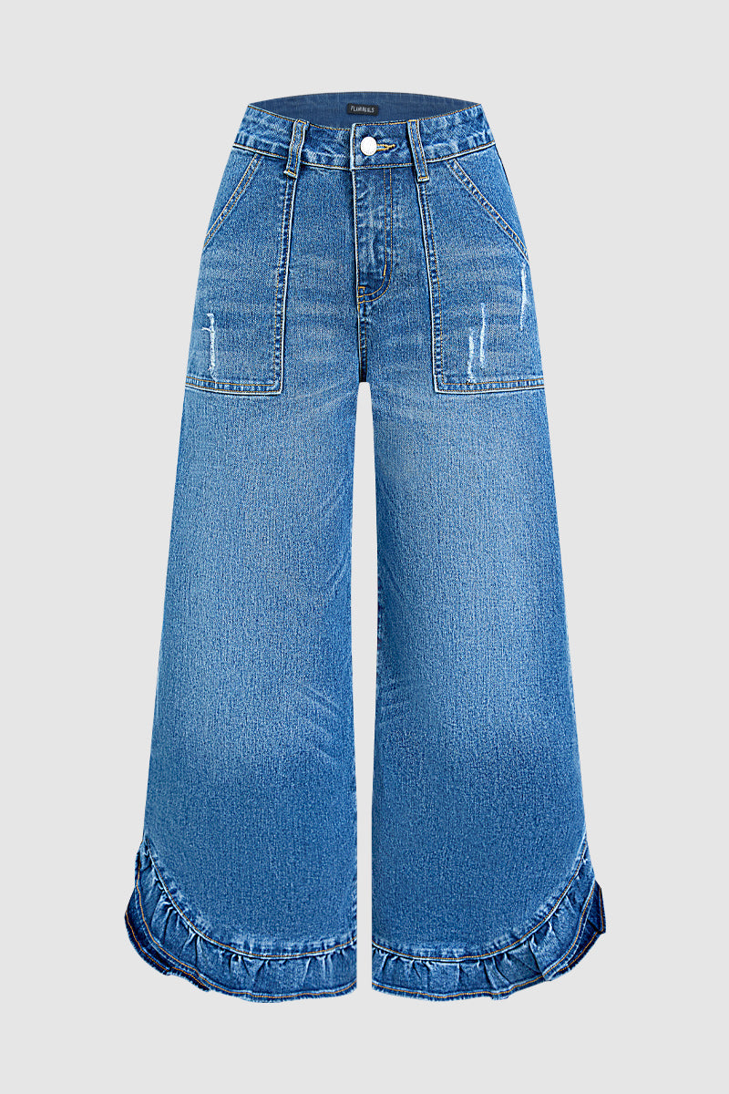 Wash Ripped Ruffle Hem High Rise Wide Leg Jeans