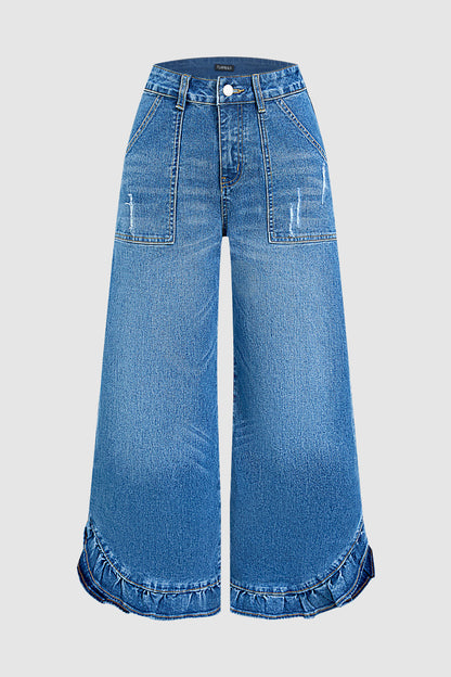 Wash Ripped Ruffle Hem High Rise Wide Leg Jeans