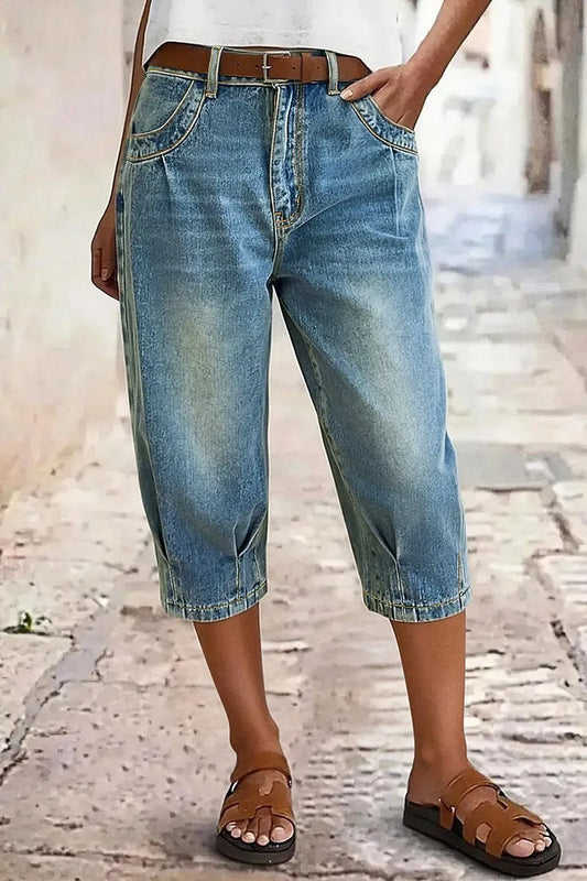 Wash Pleated Mid Rise Capri Tapered Jeans Without Belt