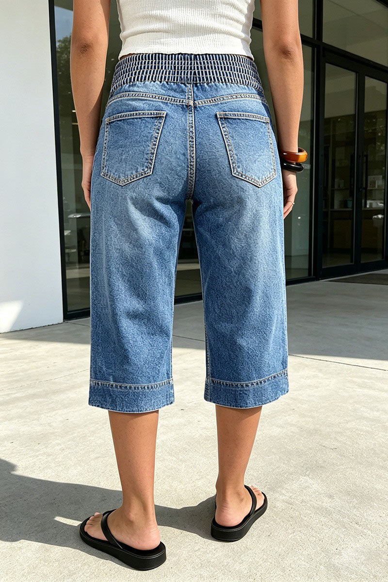 Wash Button Tab Elastic Mid Rise Straight Leg Capri Jeans