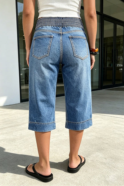 Wash Button Tab Elastic Mid Rise Straight Leg Capri Jeans