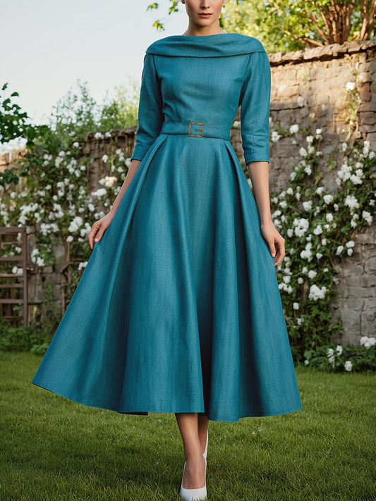Robe midi en lin, manches courtes, col châle, unie, avec ceinture, vintage, cyan