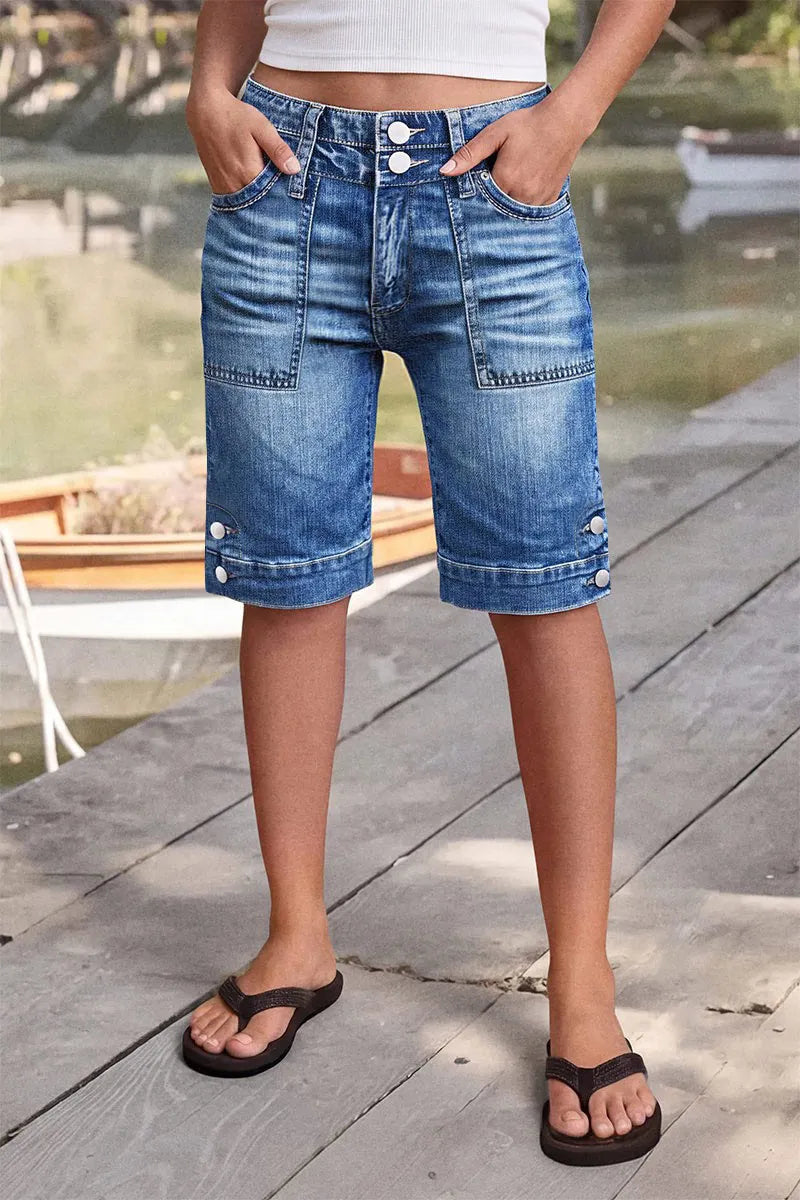 Wash Dual Button Mid Waist Straight Leg Denim Bermuda Shorts
