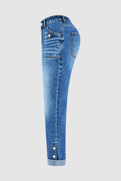 Wash Button Decor Roll Hem High Rise Crop Tapered Jeans