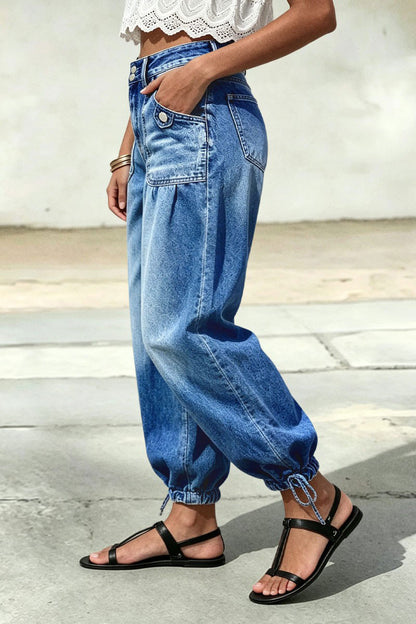 Wash Patch Pocket Drawstring Hem Mid Rise Cropped Wide Leg Jeans