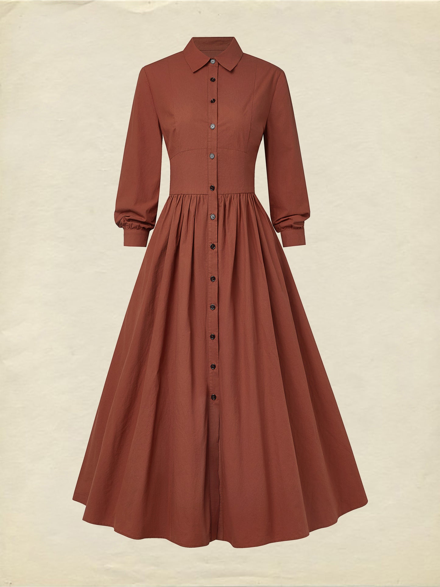 Robe longue en coton, Manches longues, Col châle, Unie, Boutonnée, Vintage, Rouge brique