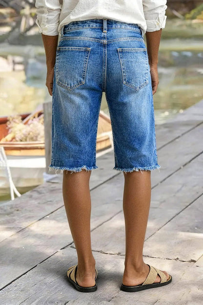Raw Hem Ripped High Waist Denim Bermuda Shorts