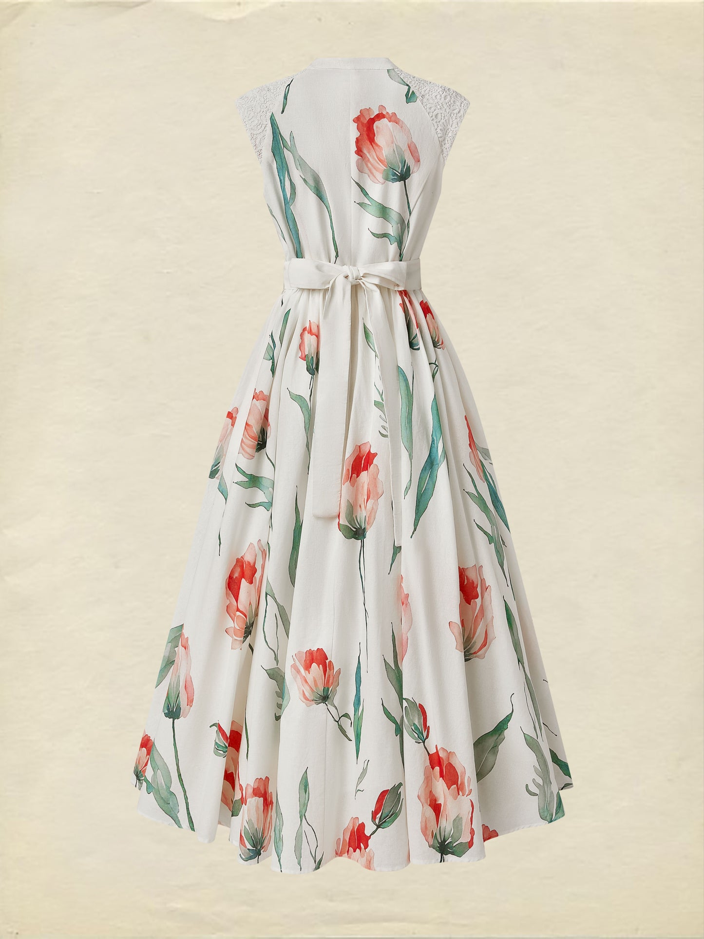 Robe longue en lin, sans manches, col en V, florale, en dentelle, vacances, vintage, corail