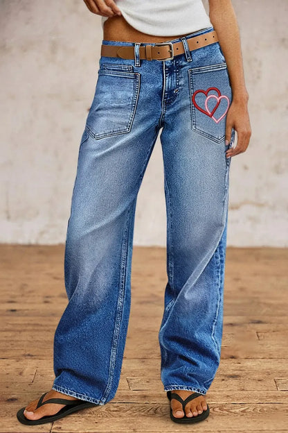 Valentine's Day Pattern Embroidered Patch Pocket Mid Rise Straight Leg Jeans Without Belt
