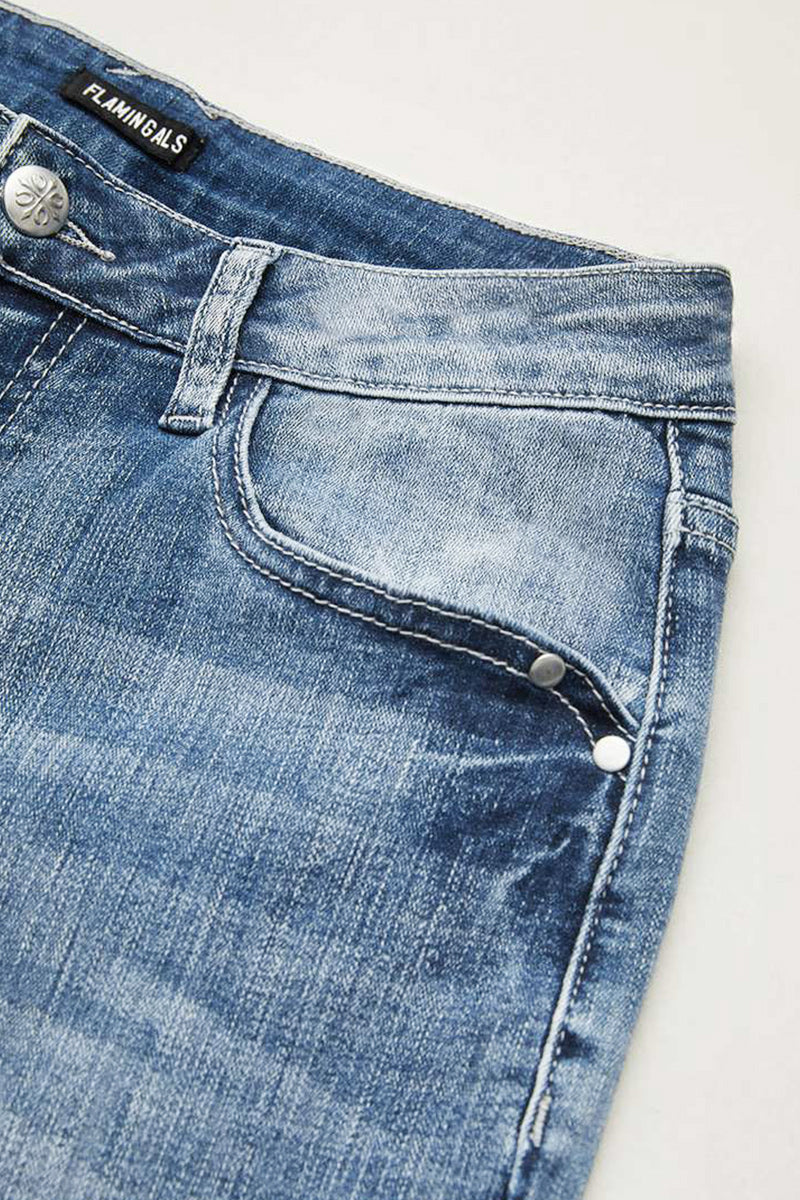 Embroidered Pocket Buttoned Hem Mid Waist Bootcut Jeans Without Belt