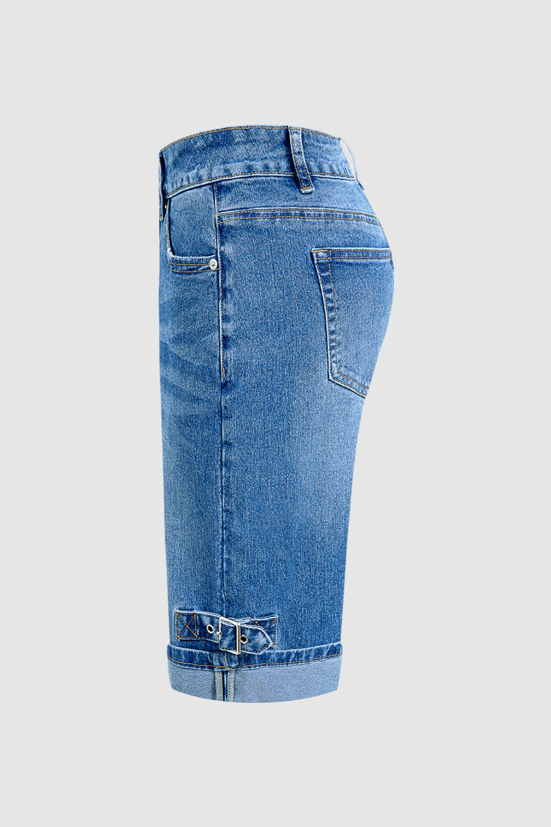 Wash Buckle Decor Roll Hem Mid Waist Denim Bermuda Shorts
