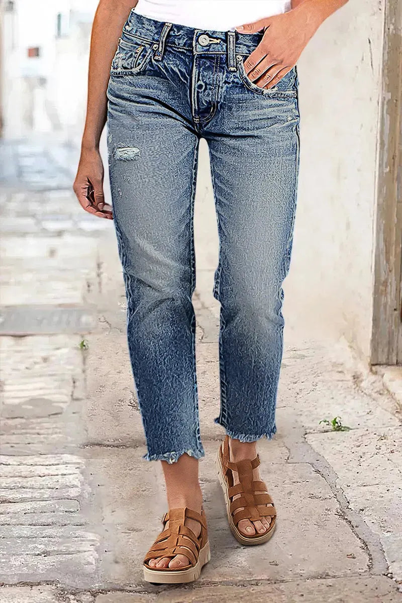 Raw Hem Ripped Mid Rise Straight Leg Crop Jeans