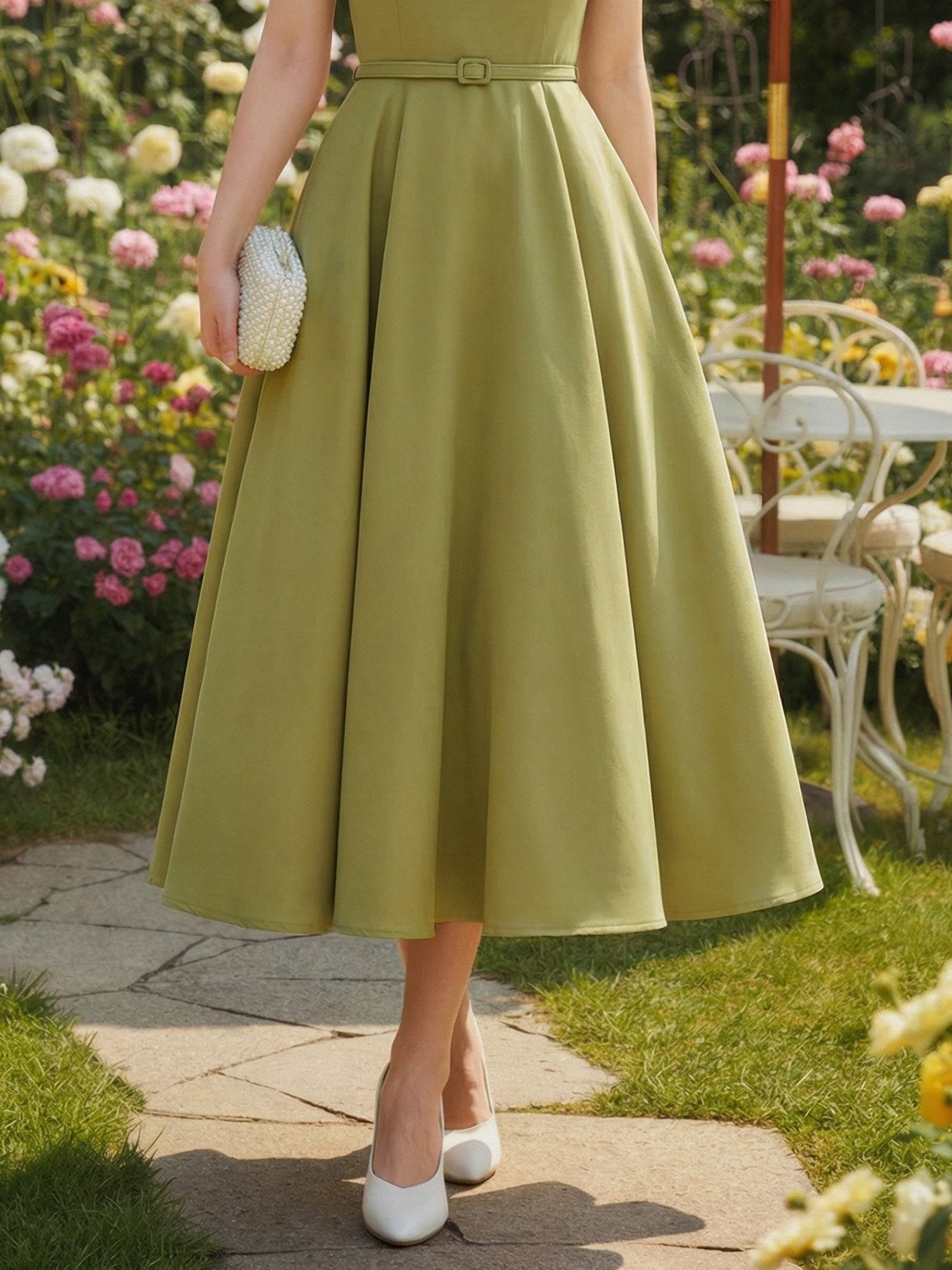 Robe Midi en Lin, Sans Manches, Col Bateau, Unie, Nœud, Style Vintage Français, Verte