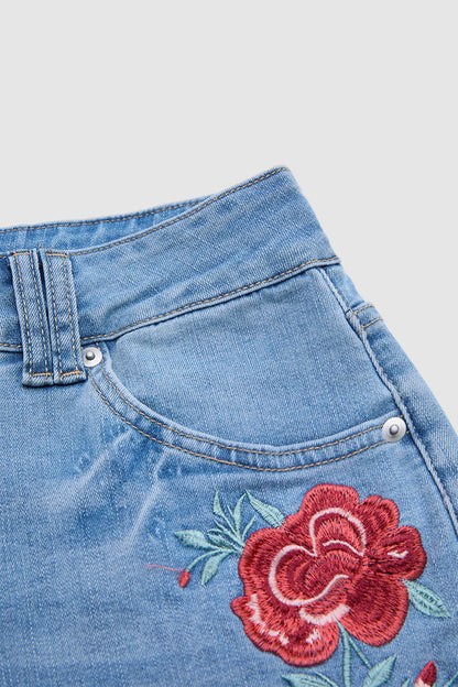 Roll Hem Floral Embroidery Mid Waist Denim Shorts