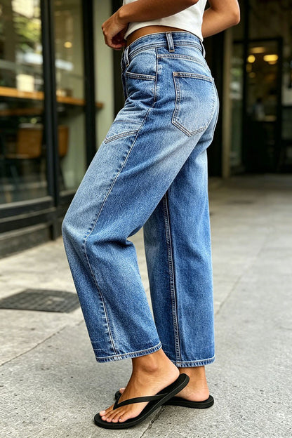 Wash Patch Pocket Mid Rise Straight Leg Crop Jeans