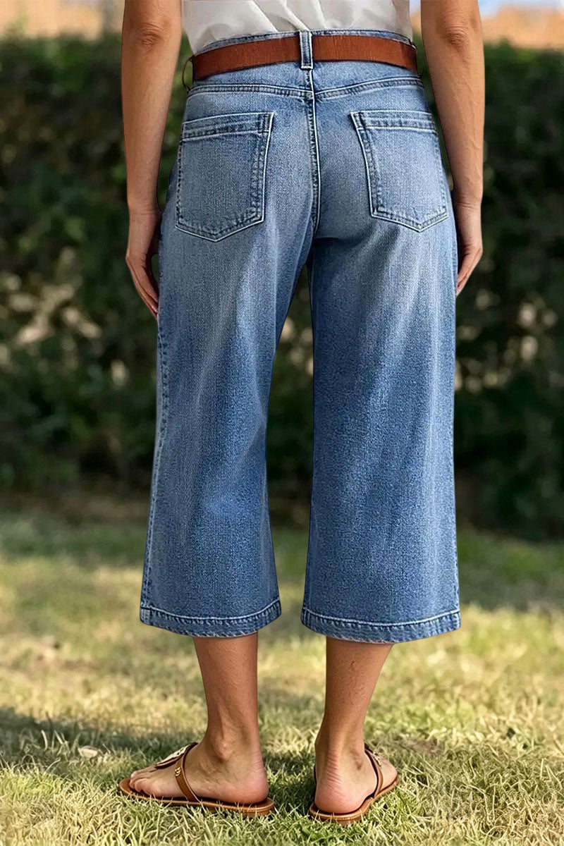 Wash Stitch Detail Mid Waist Wide Leg Capri Jeans Without Belt