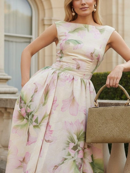Robe Midi en Lin, Sans Manches, Col Bateau, Fleurie, Vacances, Vintage, Abricot