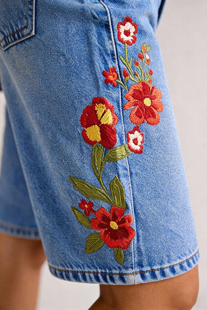 Wash Floral Embroidery V Yoke Mid Rise Straight Leg Denim Bermuda Shorts