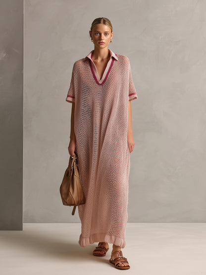 Chic Elegant Pink Lapel V-Neck Short-Sleeve Contrast Trim Detail Hollow Out Oversize Knit Maxi Dress