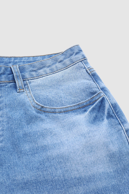 Wash Ripped Roll Hem Button Fly Mid Rise Straight Leg Crop Jeans