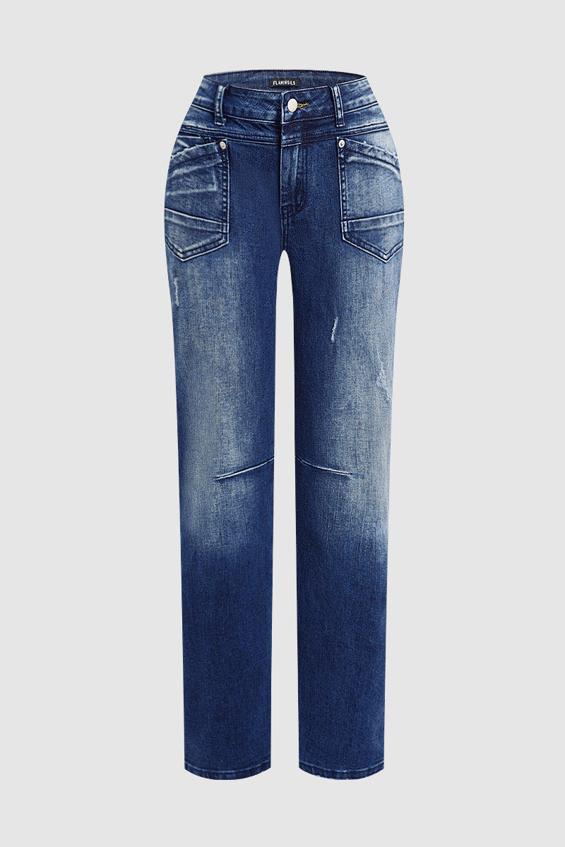 Wash Stitch Detail Flap Pocket High Waist Straight Leg Jeans
