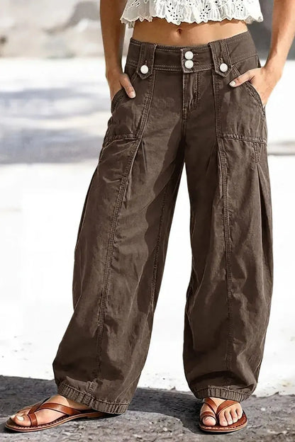 Solid Seam Front Pleated Elastic Back Mid Waist Wide Leg Pants