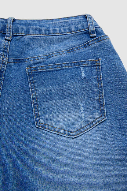 Wash Roll Hem Ripped Patch Pocket Drawstring Straight Leg Mid Rise Capri Jeans
