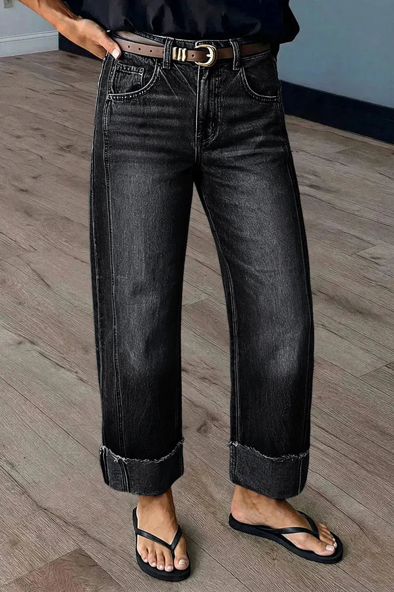 Wash Seam Front Roll Raw Hem Mid Rise Straight Leg Crop Jeans Without Belt