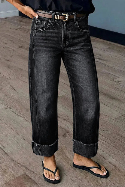 Wash Seam Front Roll Raw Hem Mid Rise Straight Leg Crop Jeans Without Belt