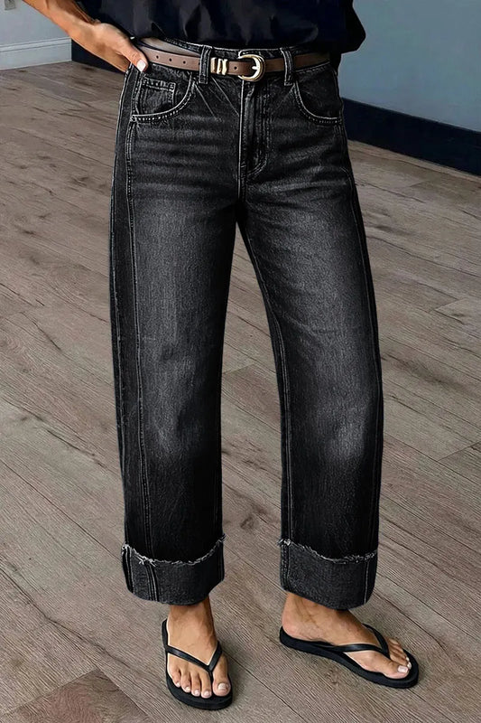 Wash Seam Front Roll Raw Hem Mid Rise Straight Leg Crop Jeans Without Belt