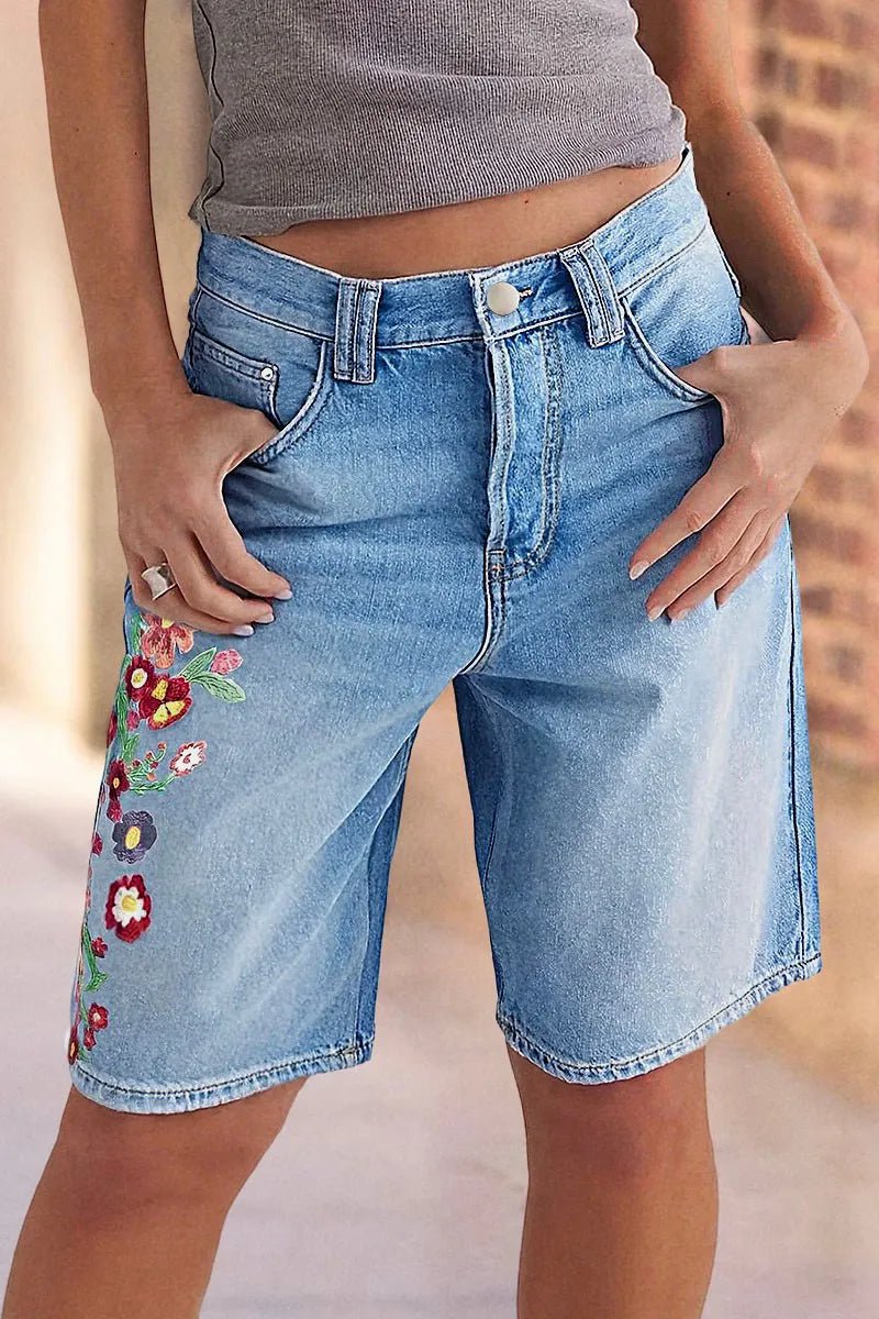 Wash Floral Embroidery Mid Rise Denim Bermuda Shorts