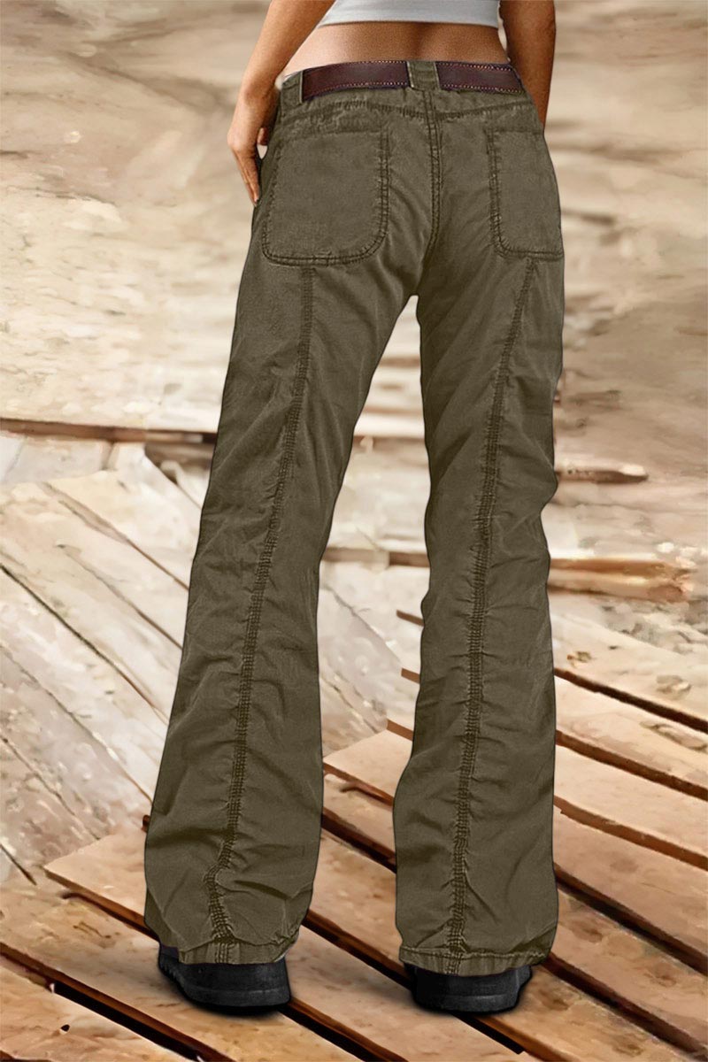 Solid Stitch Detail Mid Rise Straight Leg Cargo Pants Without Belt