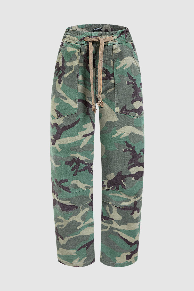 Camo Drawstring Mid Waist Barrel Leg Crop Pants