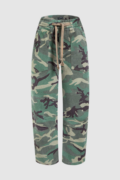 Camo Drawstring Mid Waist Barrel Leg Crop Pants
