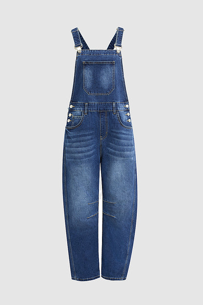 Wash Patch Pocket Stitch Detail Barrel Leg Denim Overalls