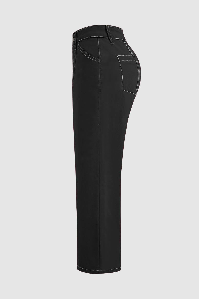Contrast Stitch Mid Rise Wide Leg Crop Pants