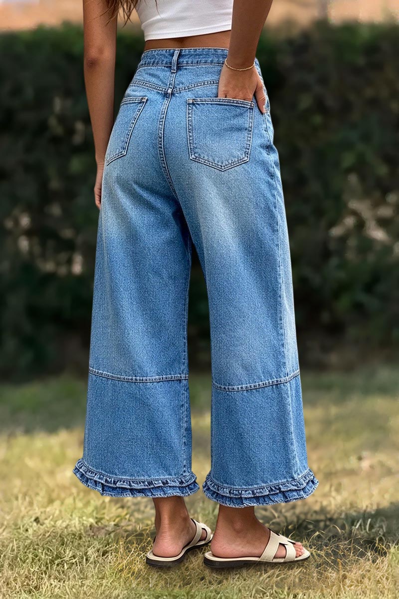 Wash Stitch Detail Ruffle Hem Mid Rise Wide Leg Crop Jeans