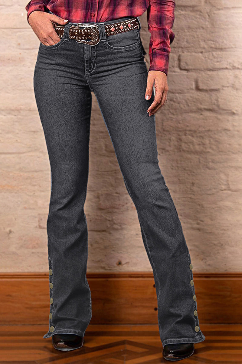 Wash Mid Waist Buttoned Hem Bootcut Jeans Without Belt