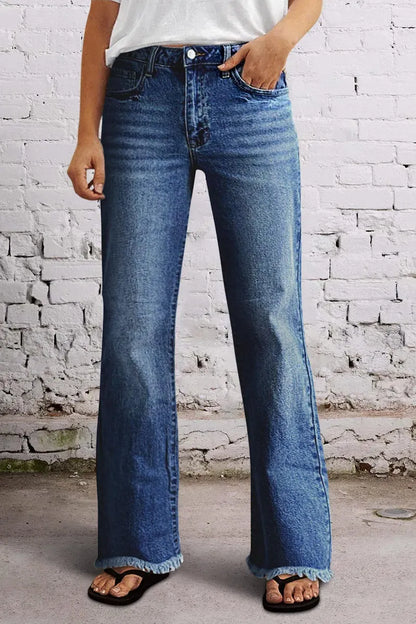 Raw Hem Mid Waist Straight Leg Jeans