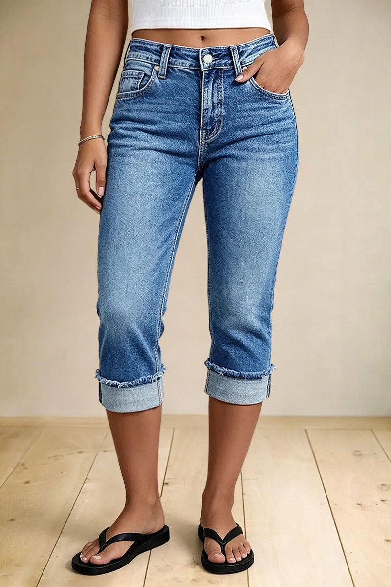 Roll & Raw Hem Criss Cross Mid Waist Straight Leg Capri Jeans
