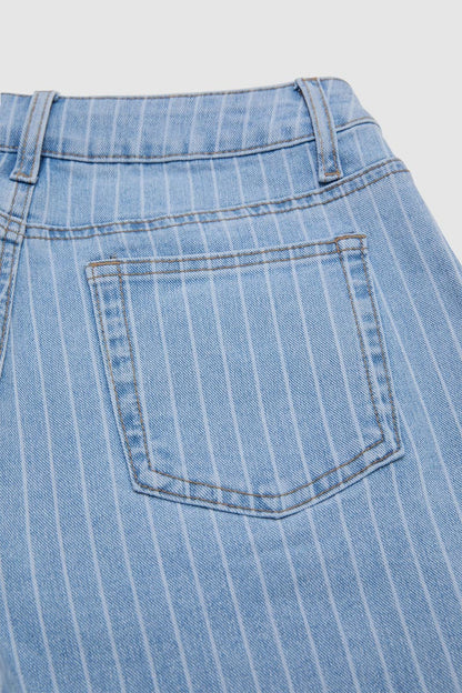 Pinstriped Raw Hem Seam Detail High Waist Denim Bermuda Shorts Without Belt