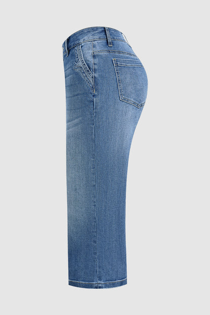 Wash Stitch Detail Mid Waist Wide Leg Capri Jeans Without Belt