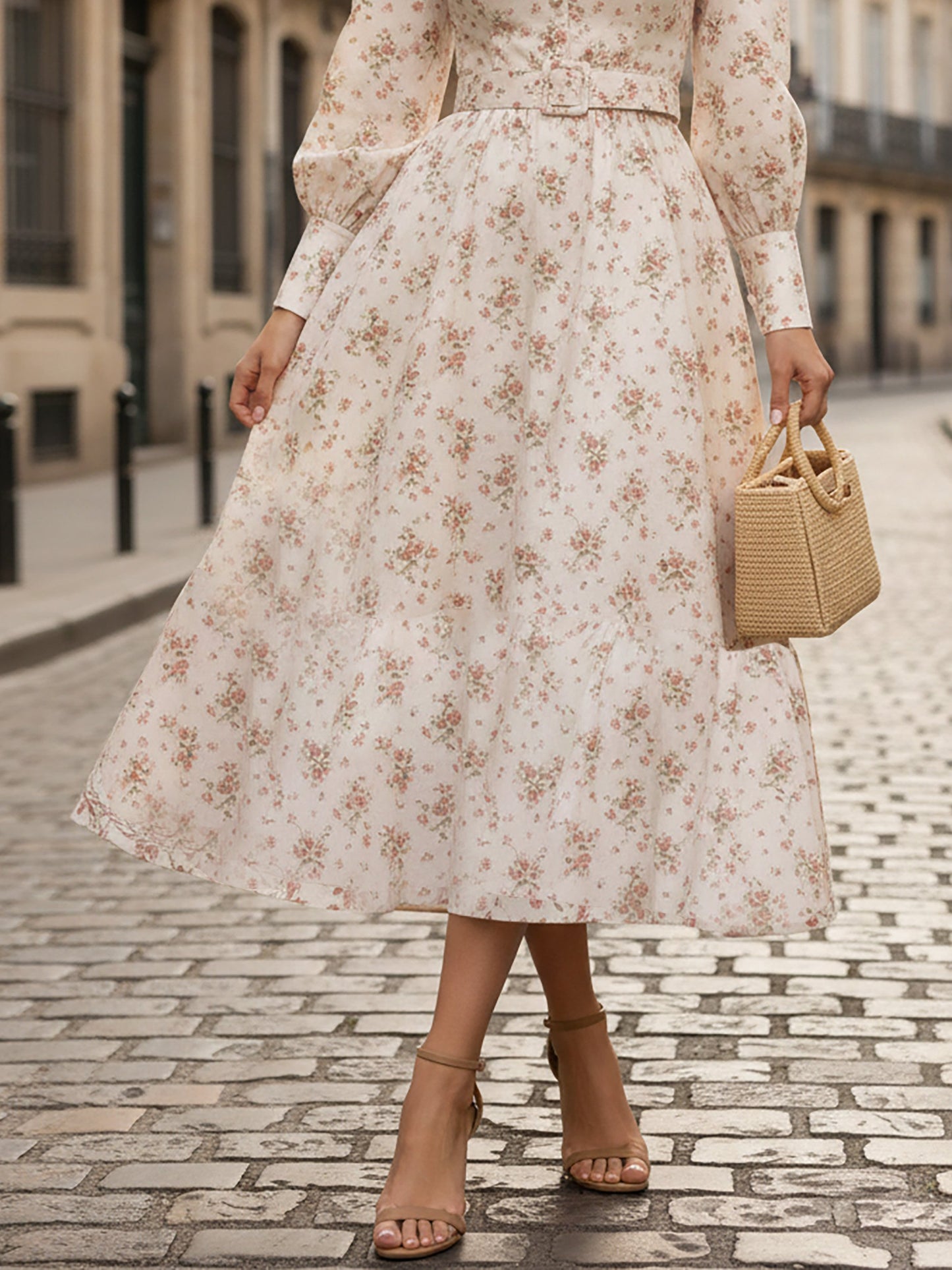 Robe midi en lin, manches longues, col montant, motif floral, boutonnée, vacances, vintage, rose