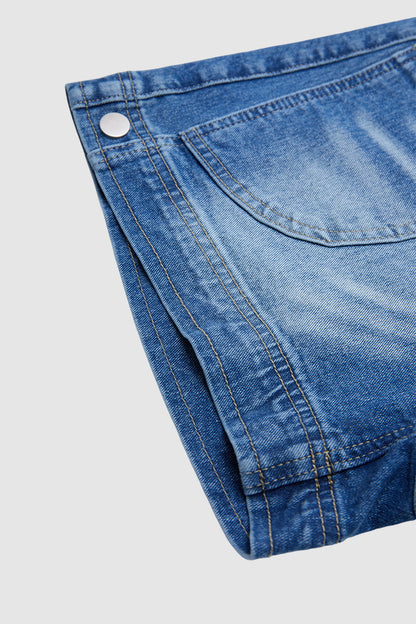 Button Tab Mid Waist Denim Mid Thigh Shorts