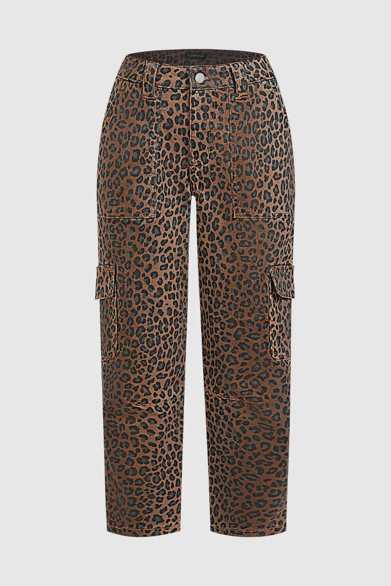 Leopard Print Flap Pocket High Waist Tapered Cargo Crop Pants Without Belt