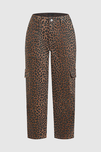 Leopard Print Flap Pocket High Waist Tapered Cargo Crop Pants Without Belt