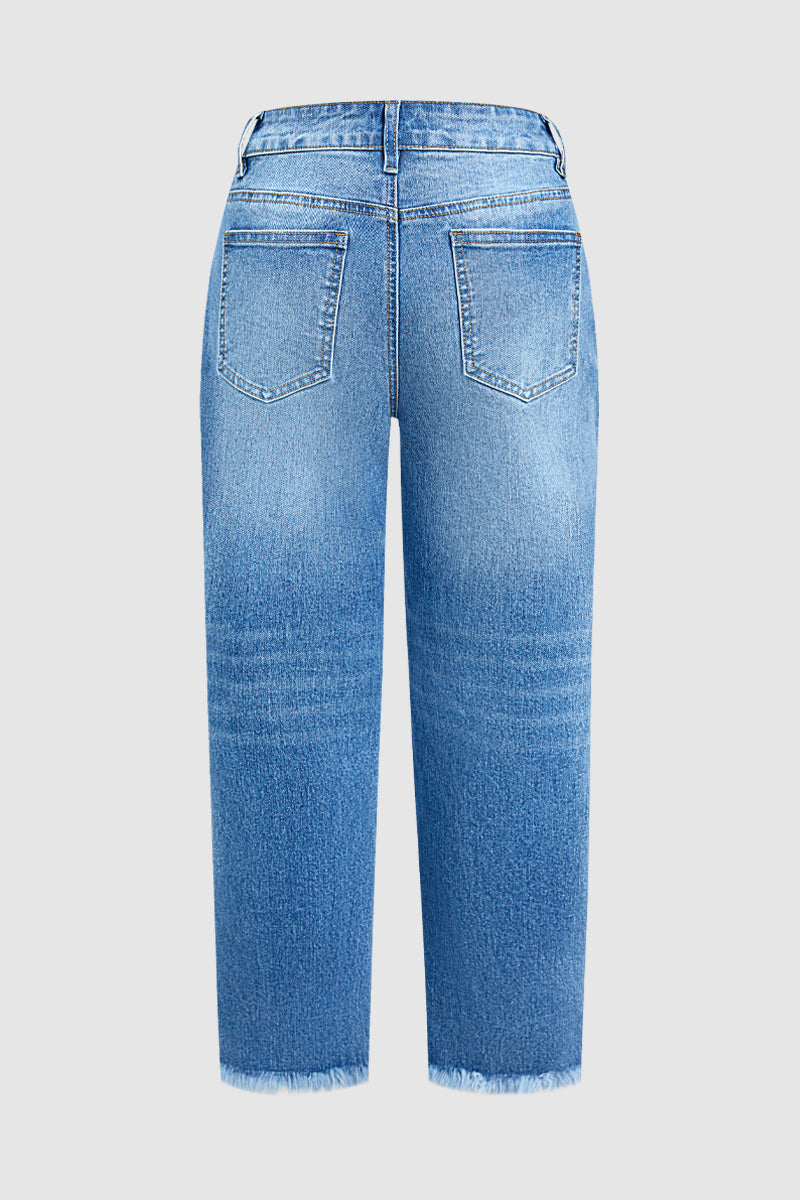 Raw Hem Ripped Mid Waist Straight Leg Crop Jeans
