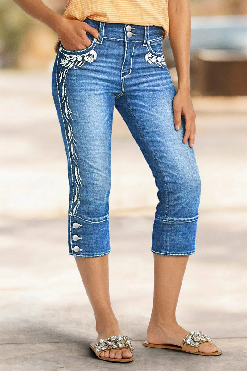 Plant Embroidery Button Decor Mid Waist Skinny Capri Jeans