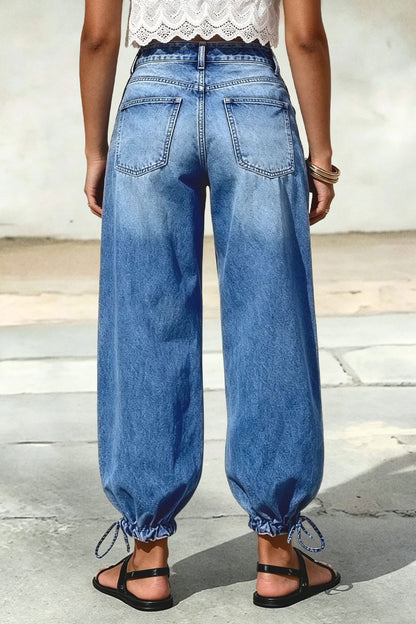 Wash Patch Pocket Drawstring Hem Mid Rise Cropped Wide Leg Jeans